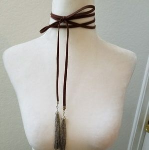Brown Tie & Tassel Choker Necklace